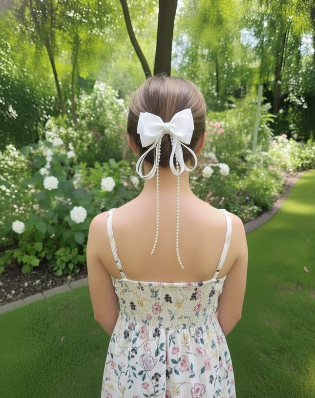 White Bow Hair Clip with Pearls