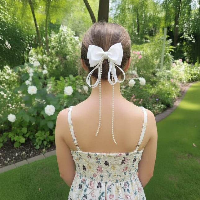 White Bow Hair Clip with Pearls