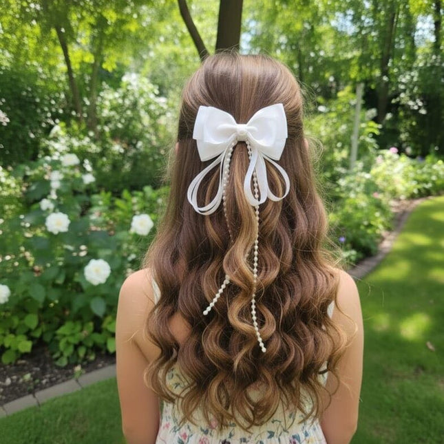 White Bow Hair Clip with Pearls