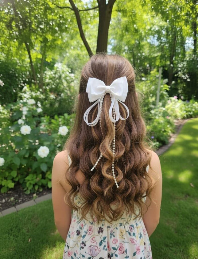 White Bow Hair Clip with Pearls