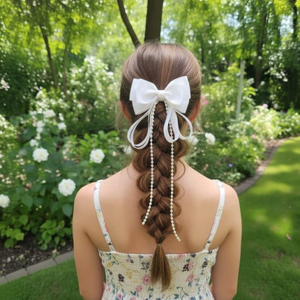 White Bow Hair Clip with Pearls