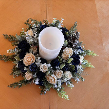 Winter Centerpiece with Candle and Blue and White Sola Wood Flowers