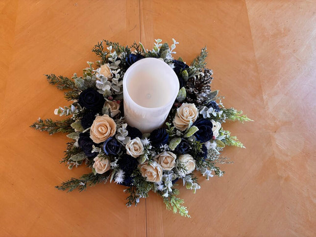 Winter Centerpiece with Candle and Blue and White Sola Wood Flowers