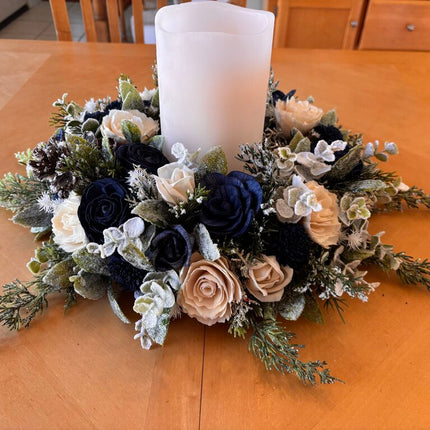 Winter Centerpiece with Candle and Blue and White Sola Wood Flowers