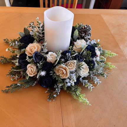 Winter Centerpiece with Candle and Blue and White Sola Wood Flowers