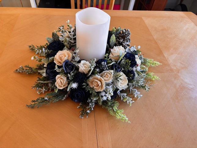 Winter Centerpiece with Candle and Blue and White Sola Wood Flowers