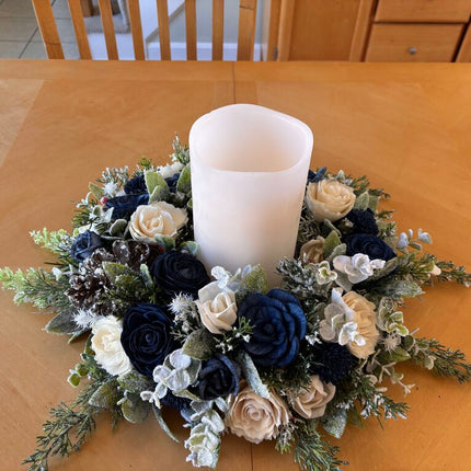 Winter Centerpiece with Candle and Blue and White Sola Wood Flowers