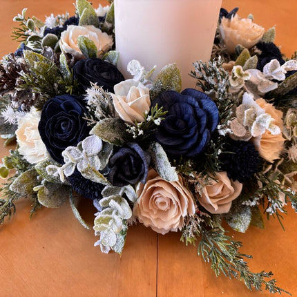 Winter Centerpiece with Candle and Blue and White Sola Wood Flowers