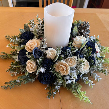 Winter Centerpiece with Candle and Blue and White Sola Wood Flowers