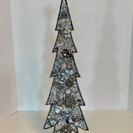 20 in WOODEN SPARKLY CHRISTMAS TREE painted and filled w/vintage RHINESTONE jewelry