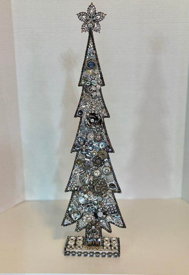 20 in WOODEN SPARKLY CHRISTMAS TREE painted and filled w/vintage RHINESTONE jewelry