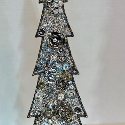 20 in WOODEN SPARKLY CHRISTMAS TREE painted and filled w/vintage RHINESTONE jewelry