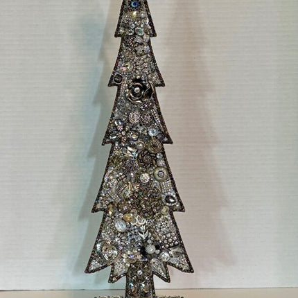 20 in WOODEN SPARKLY CHRISTMAS TREE painted and filled w/vintage RHINESTONE jewelry