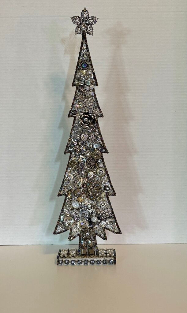 20 in WOODEN SPARKLY CHRISTMAS TREE painted and filled w/vintage RHINESTONE jewelry