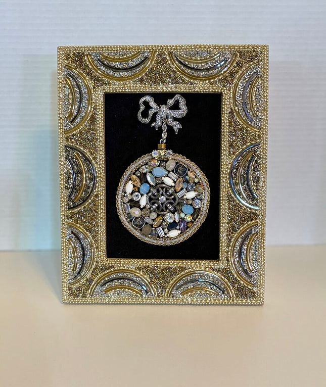 5 X 7 BEADED FRAME w/ ORNAMENT made w/ matching vtg jewelry