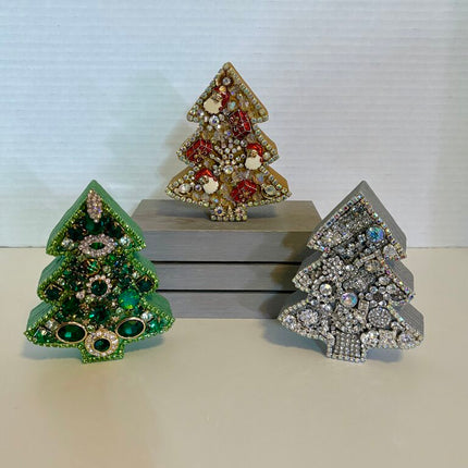 5inch SPARKLY sitting WOOD CHRISTMAS TREE,painted GOLD & decorated w/vtg Aurora Borealis rhinestones, crystal, & santa jewelry