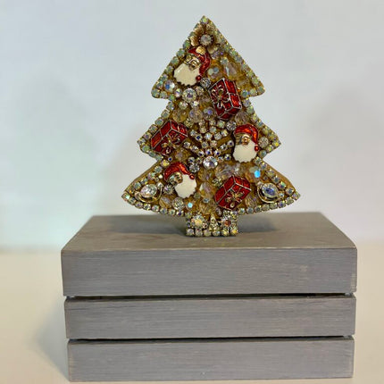 5inch SPARKLY sitting WOOD CHRISTMAS TREE,painted GOLD & decorated w/vtg Aurora Borealis rhinestones, crystal, & santa jewelry