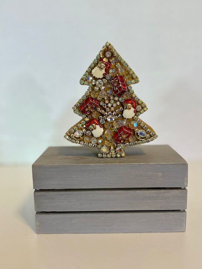 5inch SPARKLY sitting WOOD CHRISTMAS TREE,painted GOLD & decorated w/vtg Aurora Borealis rhinestones, crystal, & santa jewelry