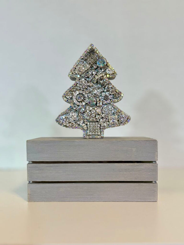 5inch SPARKLY sitting WOOD CHRISTMAS TREE,painted SILVER & decorated w/VINTAGE RHINESTONE PIECES