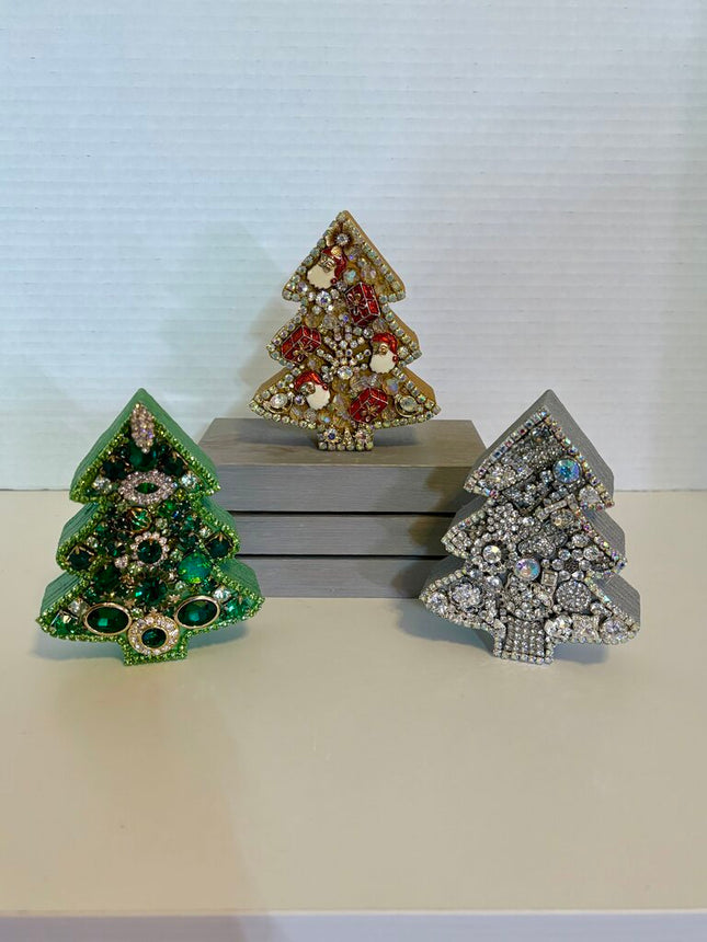 5inch SPARKLY sitting WOOD CHRISTMAS TREE,painted SILVER & decorated w/VINTAGE RHINESTONE PIECES