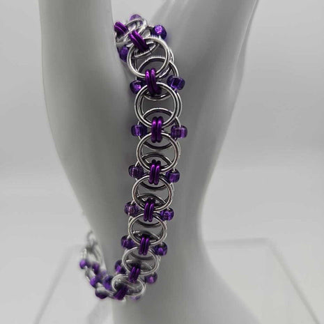 Silver and Purple Beaded Helm Weave Bracelet - 8 inches