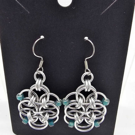 Silver Double Helm Weave Earrings Teal beads