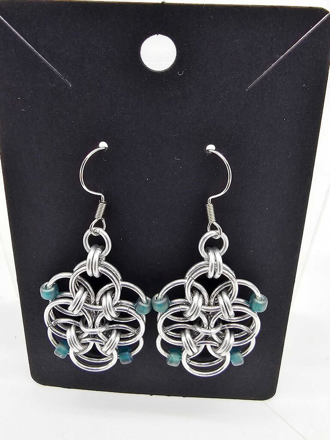 Silver Double Helm Weave Earrings Teal beads