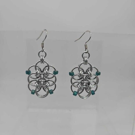 Silver Double Helm Weave Earrings Teal beads