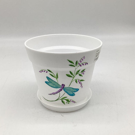 Small white pot w/dragonfly-E