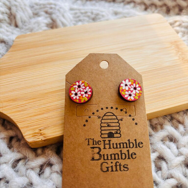 Wood pink floral stud earrings