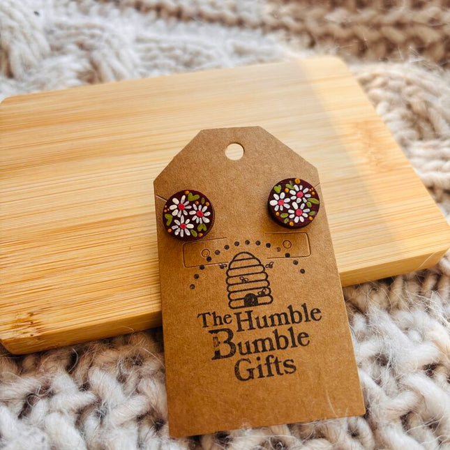 Wood maroon floral stud earrings