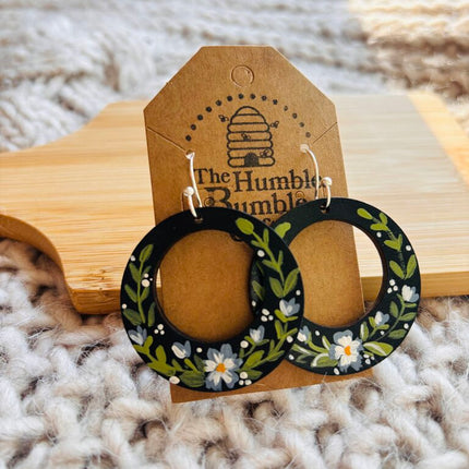 Black/blue floral hoop earrings
