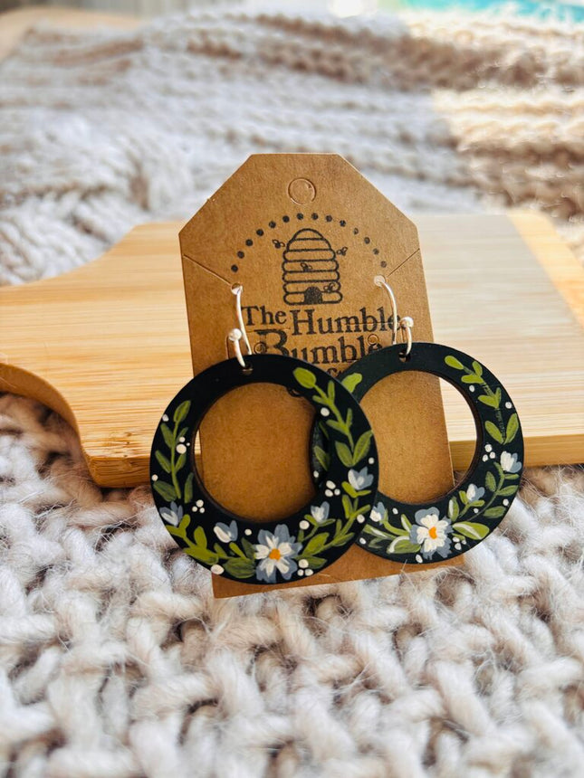 Black/blue floral hoop earrings
