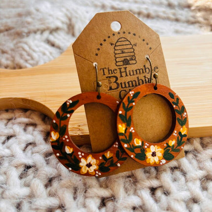 Brown/yellow floral hoop earrings
