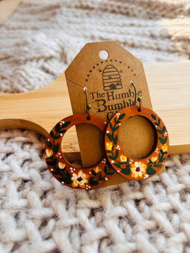 Brown/yellow floral hoop earrings