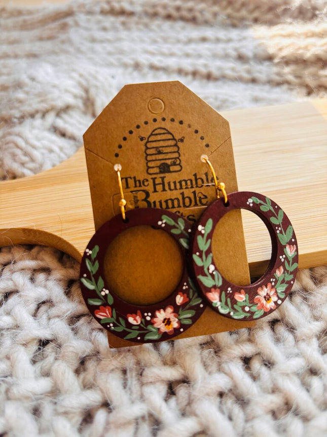 Maroon/pink floral hoop earrings