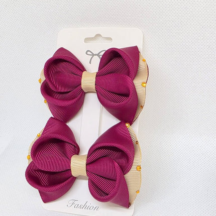 Burgundy & Beige Ribbon Hair Bows - Set of 2