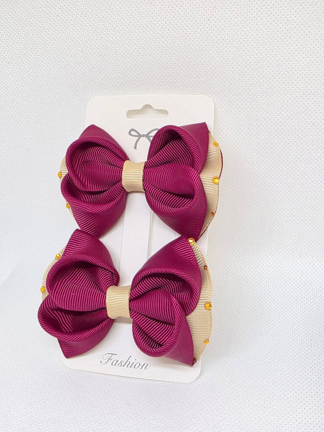 Burgundy & Beige Ribbon Hair Bows - Set of 2