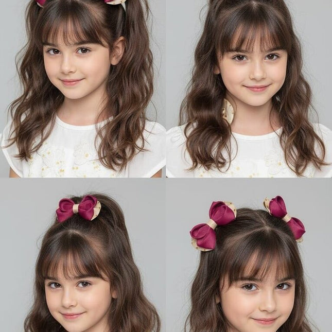 Burgundy & Beige Ribbon Hair Bows - Set of 2