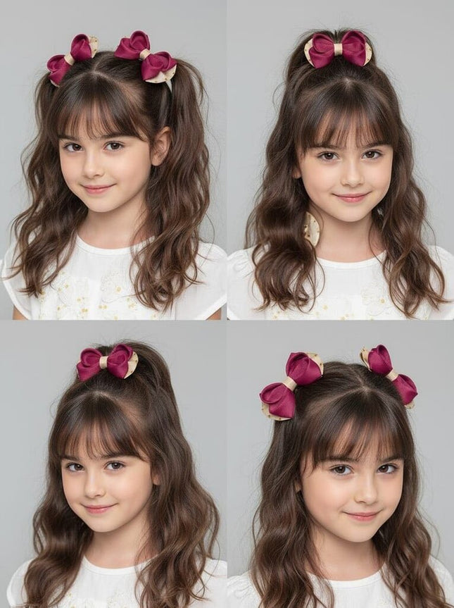 Burgundy & Beige Ribbon Hair Bows - Set of 2