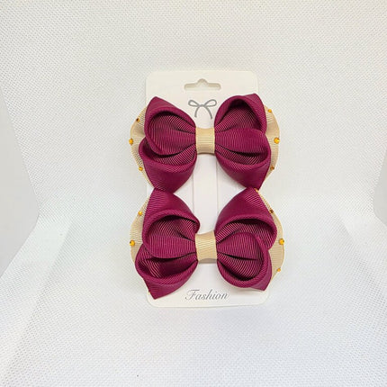 Burgundy & Beige Ribbon Hair Bows - Set of 2