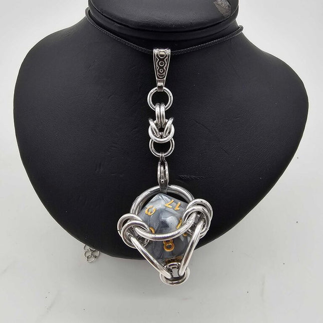 Caged D20 Necklace - Gray Marble, 20 inch Black Cord
