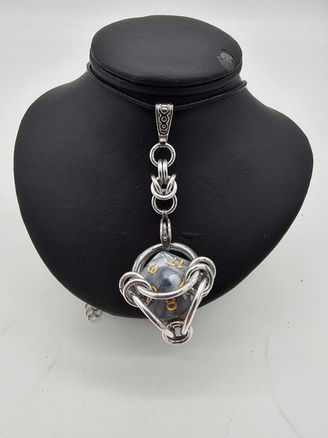 Caged D20 Necklace - Gray Marble, 20 inch Black Cord