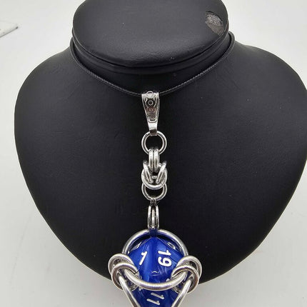 Caged D20 Necklace - Blue Marble, 20 inch Black Cord