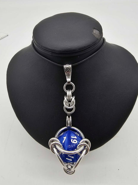Caged D20 Necklace - Blue Marble, 20 inch Black Cord