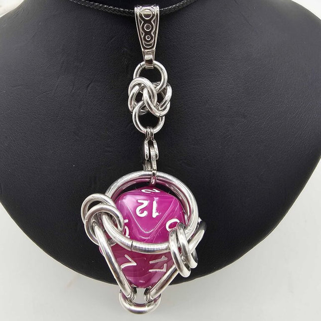 Caged D20 Necklace - Pinky Purple Marble, 20 inch Black Cord