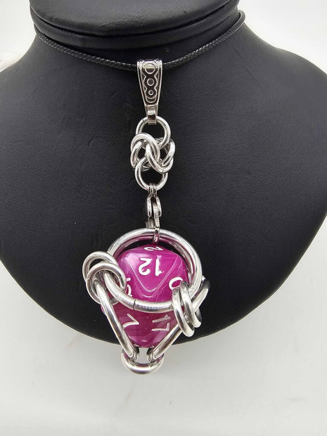 Caged D20 Necklace - Pinky Purple Marble, 20 inch Black Cord