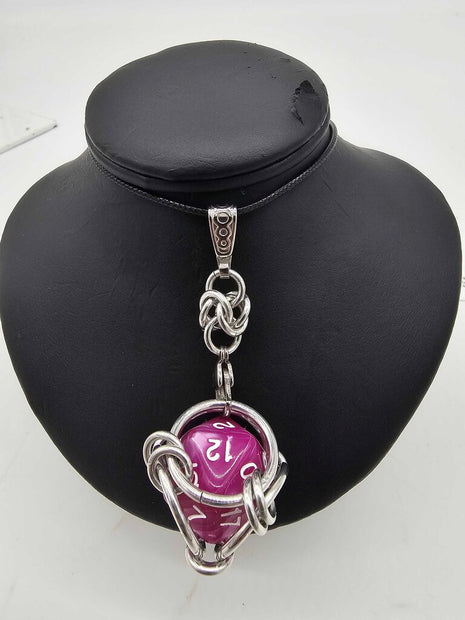 Caged D20 Necklace - Pinky Purple Marble, 20 inch Black Cord