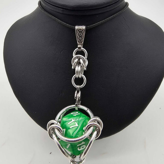 Caged D20 Necklace - Green Marble, 20 inch Black Cord