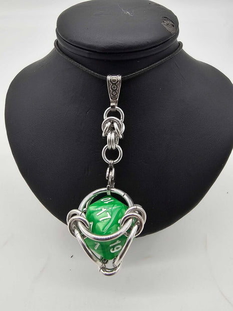 Caged D20 Necklace - Green Marble, 20 inch Black Cord